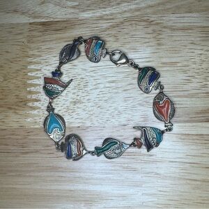 VTG CCCO Womens Sterling Silver Multicolor Fish Link Bracelet Coastal Nautical